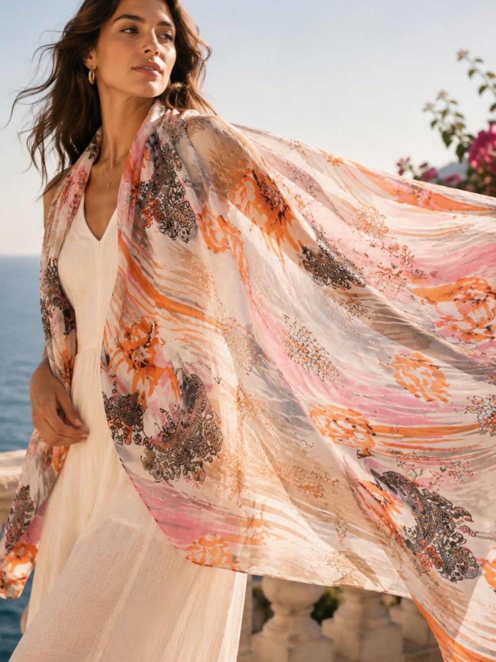 Oversized 100% Silk Floral Wrap Scarf Pink Orange Gray Shawl 68" x 44"